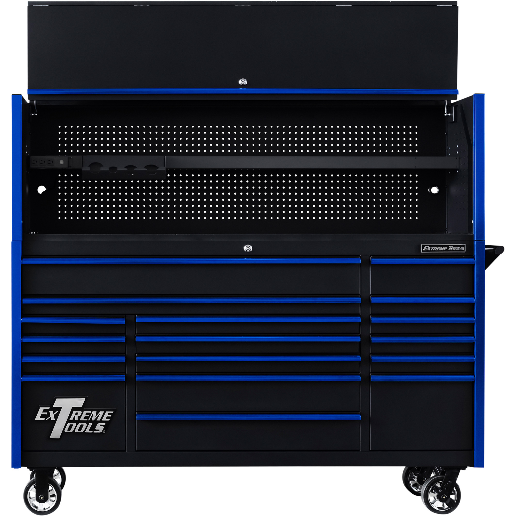 Extreme Tools Extreme Power Workstation Hutch and 17-Drawer Roller Cabinet Combo - Black/Blue, Locking Lid, Power Tool Rack, Model# DX7218HRKU